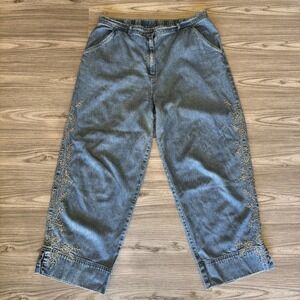 Women's Wide Leg‎ Capri Blue Jeans With Floral Design On Sides - Size 16!